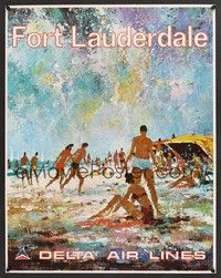 5t058 FORT LAUDERDALE travel poster '75 Jack Laycox artwork of people enjoying the beach!