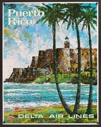 5t060 PUERTO RICO travel poster '70s cool Laycox artwork of seaside fort!