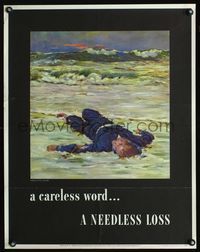 5t010 CARELESS WORD... A NEEDLESS LOSS war poster '43 art of sailor washed up on beach by Fischer!