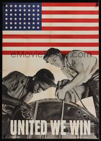 5t034 UNITED WE WIN war poster '42 WWII, Liberman photo, different races working together!