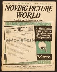 5y037 MOVING PICTURE WORLD exhibitor magazine September 13, 1919 great ads for Chaplin & Houdini!