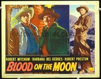 5z166 BLOOD ON THE MOON LC #6 '49 close up of tough cowboys Robert Preston & Robert Mitchum!
