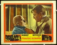 5z281 FOREIGN INTRIGUE LC #6 '56 close up of Robert Mitchum in trench coat holding bald guy!