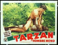 5z554 TARZAN THE APE MAN linen Spanish/U.S. LC '32 Johnny Weismuller attacking native man on ground!