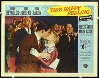 5z565 THIS HAPPY FEELING LC #8 '58 close up of Debbie Reynolds kissing young John Saxon!