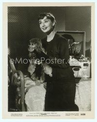 6a008 SABRINA 8x10 still '54 close up Audrey Hepburn smiling on bed holding her poodle!