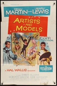 6c058 ARTISTS & MODELS 1sh '55 Dean Martin & Jerry Lewis painting sexy Shirley MacLaine!