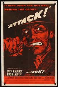 6c060 ATTACK style B 1sh '56 Robert Aldrich, art of WWII soldier Jack Palance pulling grenade pin!