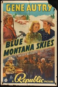 6c107 BLUE MONTANA SKIES 1sh '39 artwork of Gene Autry, Smiley Burnette, June Storey!