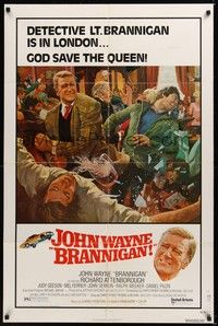 6c115 BRANNIGAN 1sh '75 Douglas Hickox, great McGinnis art of fighting John Wayne in England!