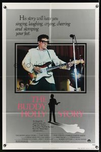 6c126 BUDDY HOLLY STORY style A 1sh '78 great image of Gary Busey performing on stage with guitar!