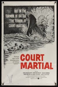 6c178 COURT MARTIAL 1sh '62 Kriegsgericht, World War II, cool exploding battleship art!
