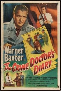 6c182 CRIME DOCTOR'S DIARY 1sh '49 cool art of detective Warner Baxter with gun!