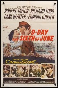 6c188 D-DAY THE SIXTH OF JUNE 1sh '56 romantic art of Robert Taylor & sexy Dana Wynter in WWII!