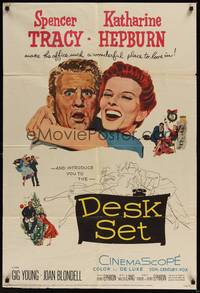 6c210 DESK SET 1sh '57 Spencer Tracy & Katharine Hepburn make the office a wonderful place!