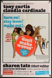 6c228 DON'T MAKE WAVES 1sh '67 Tony Curtis with super sexy Sharon Tate & Claudia Cardinale!