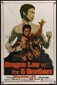 6c239 DRAGON LEE VS THE 5 BROTHERS 1sh '78 Wu da di zi, kung fu Bruce Lee ripoff art by Marcus!
