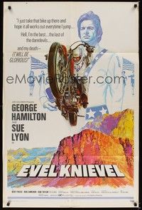 6c259 EVEL KNIEVEL 1sh '71 George Hamilton is THE daredevil, great art of motorcycle jump!