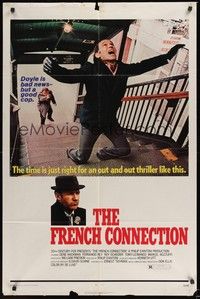 6c323 FRENCH CONNECTION 1sh '71 Gene Hackman in movie chase climax, directed by William Friedkin!