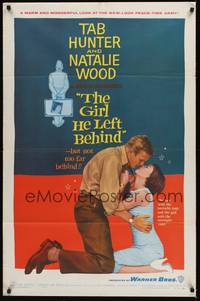 6c346 GIRL HE LEFT BEHIND 1sh '56 romantic image of Tab Hunter about to kiss Natalie Wood!