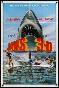 6c466 JAWS 3-D 1sh '83 great Gary Meyer shark artwork, the third dimension is terror!