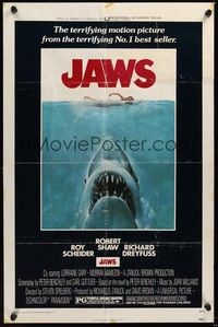6c464 JAWS 1sh '75 art of Steven Spielberg's classic man-eating shark attacking sexy swimmer!
