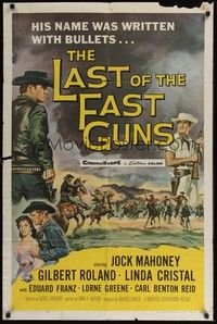 6c501 LAST OF THE FAST GUNS 1sh '58 Jock Mahoney's name was written with bullets, cool art!