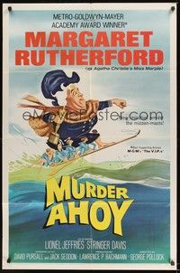 6c617 MURDER AHOY 1sh '64 funny art of Margaret Rutherford water skiing one-handed!