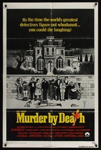 6c618 MURDER BY DEATH int'l 1sh '76 great Charles Addams artwork of cast by body & spooky house!