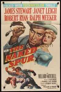 6c634 NAKED SPUR 1sh '53 art of strong man James Stewart & sexy Janet Leigh!