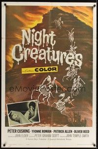 6c639 NIGHT CREATURES 1sh '62 Hammer, great horror art of skeletons riding skeleton horses!