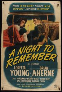6c644 NIGHT TO REMEMBER style B 1sh '42 Loretta Young & Brian Aherne in a mirthful murder mystery!