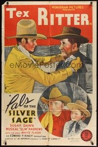 6c681 PALS OF THE SILVER SAGE 1sh '40 cool stone litho of Tex Ritter getting tough!