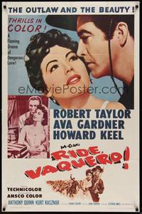 6c772 RIDE, VAQUERO 1sh R62 romantic close-up of outlaw Robert Taylor & beauty Ava Gardner!