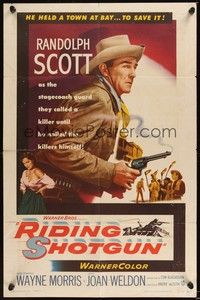 6c773 RIDING SHOTGUN 1sh '54 great image of cowboy Randolph Scott with smoking gun!