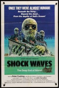 6c814 SHOCK WAVES 1sh '77 Peter Cushing, cool art of wacky ocean zombies terrorizing boat!