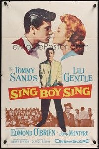 6c823 SING BOY SING 1sh '58 romantic close up of Tommy Sands & Lili Gentle, rock & roll!