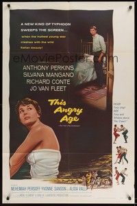 6c912 THIS ANGRY AGE 1sh '58 great art of Anthony Perkins & Silvana Mangano wearing only towel!