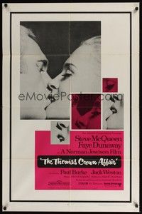 6c915 THOMAS CROWN AFFAIR 1sh '68 best kiss close up of Steve McQueen & sexy Faye Dunaway!