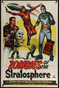 6c998 ZOMBIES OF THE STRATOSPHERE 1sh '52 Republic serial, great art of aliens with guns!