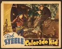 6d224 COLORADO KID LC '37 Bob Steele laughing at fumbling man on horse holding him at gunpoint!