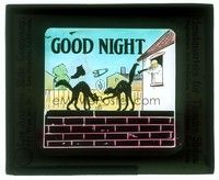 6e123 GOOD NIGHT glass slide '20s great cartoon art of cats fighting on brick wall!