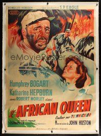 6f027 AFRICAN QUEEN linen French 1p '52 montage artwork of Humphrey Bogart & Katharine Hepburn!