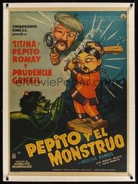 6f054 PEPITO Y EL MONSTRUO linen Mexican poster '57 great Cabral art of boy & detective + monster!