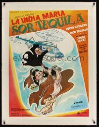 6f055 SOR TEQUILA linen Mexican poster '78 art of La India Maria falling from helicopter!