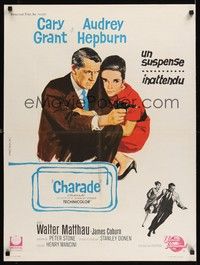 6g115 CHARADE French 23x32 '63 Tealdi art of tough Cary Grant & sexy Audrey Hepburn!
