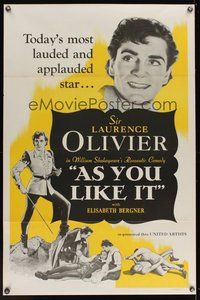 6h034 AS YOU LIKE IT 1sh R49 Sir Laurence Olivier in William Shakespeare's romantic comedy!