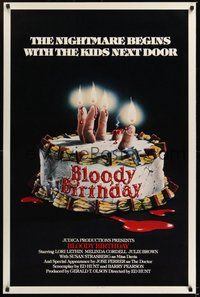 6h057 BLOODY BIRTHDAY int'l 1sh '81 weird gruesome hand-in-birthday-cake artwork!