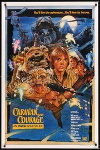 6h073 CARAVAN OF COURAGE style B int'l 1sh '84 An Ewok Adventure, Star Wars, art by Drew Struzan!