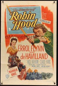 6p026 ADVENTURES OF ROBIN HOOD 1sh R48 Errol Flynn as Robin Hood, Olivia De Havilland!